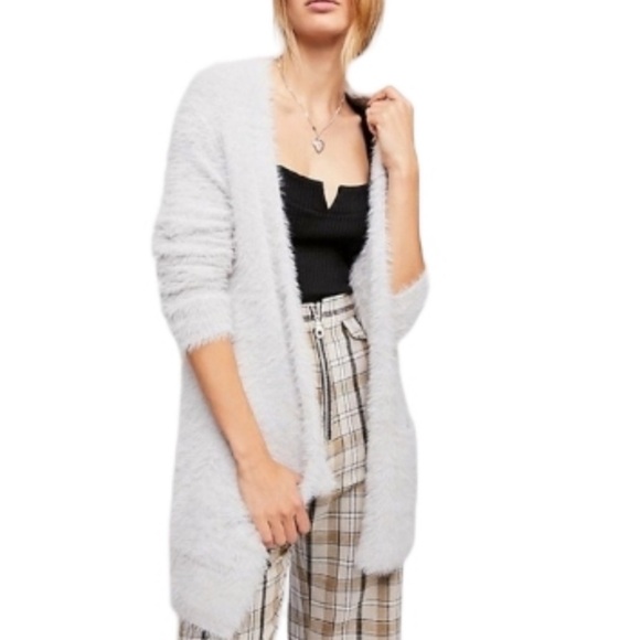 Free People Sweaters - Free People Fuzzy Faux Fur Cardigan in Silver Cloud Size S